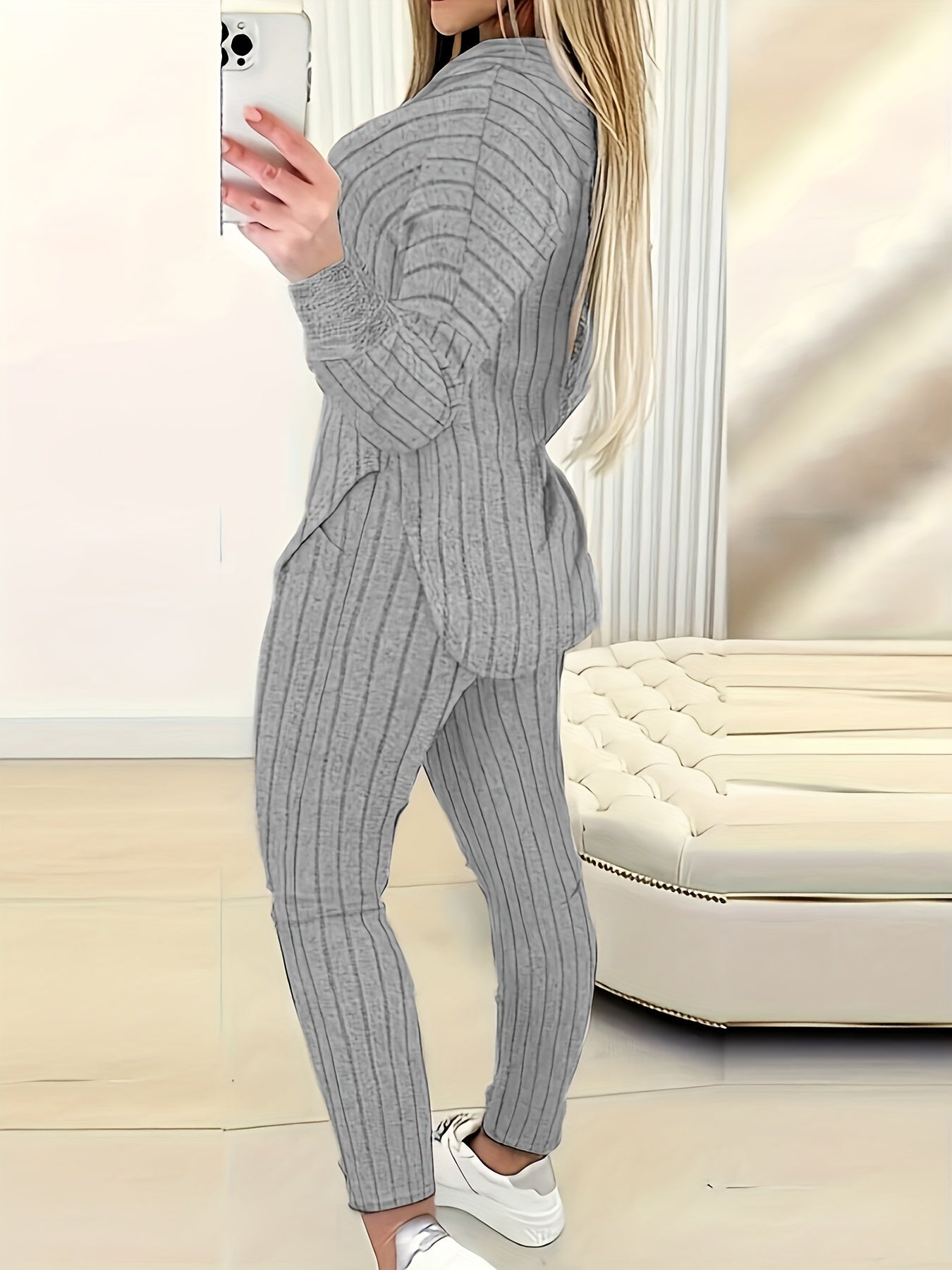 Ribbed Casual Two-piece Set, Long Sleeve Drawstring Hoodie & Slim Pants Outfits, Women's Clothing